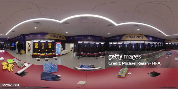 General view inside the France dressing room during the 2018 FIFA World Cup Final between France and Croatia at Luzhniki Stadium on July 15, 2018 in...