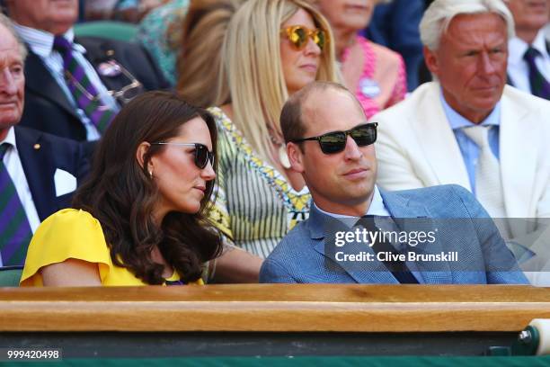 Catherine, Duchess of Cambridge and Prince William, Duke of Cambridge attend the Men's Singles final on day thirteen of the Wimbledon Lawn Tennis...