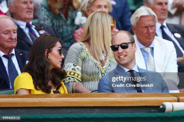 Catherine, Duchess of Cambridge and Prince William, Duke of Cambridge attend the Men's Singles final on day thirteen of the Wimbledon Lawn Tennis...