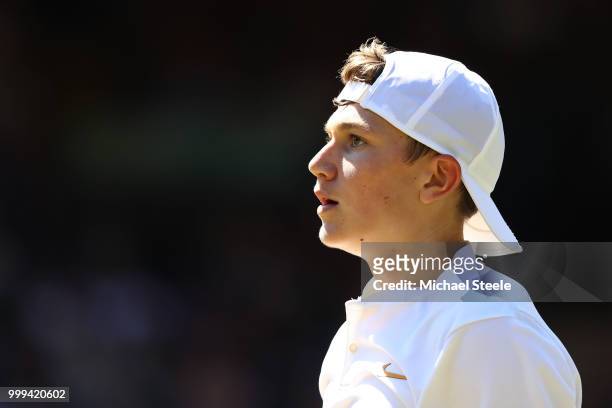 Jack Draper of Great looks on during the Boys' Singles final against Chun Hsin Tseng of Taiwan on day thirteen of the Wimbledon Lawn Tennis...