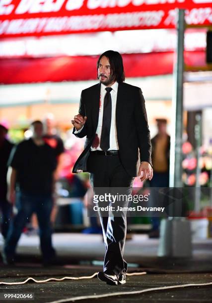 Keanu Reeves seen on location for 'John Wick 3' in Brooklyn on July 14, 2018 in New York City.