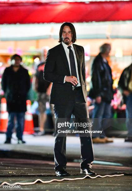 Keanu Reeves seen on location for 'John Wick 3' in Brooklyn on July 14, 2018 in New York City.