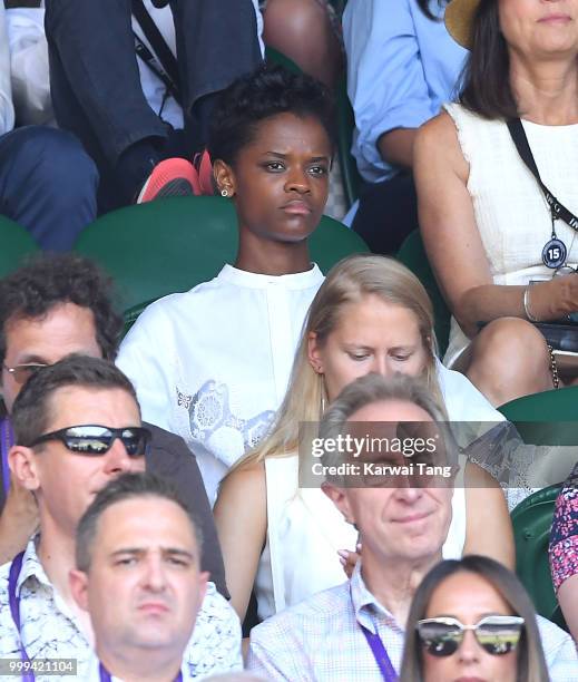 Letitia Wright attends the men's singles final on day thirteen of the Wimbledon Tennis Championships at the All England Lawn Tennis and Croquet Club...