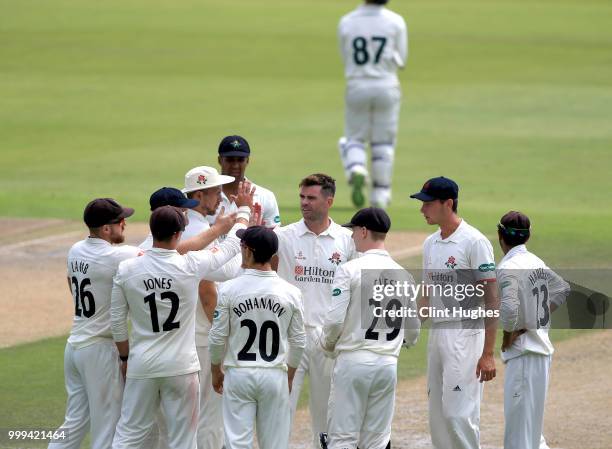 James Anderson of Lancashire celebrates after taking the wicket of Liam Patterson-White of Nottinghamshire during the Lancashire Second XI v...