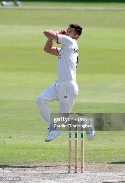 James Anderson of Lancashire Bowls during the Lancashire Second XI v Nottinghamshire Second XI match at Emirates Old Trafford on July 15, 2018 in...
