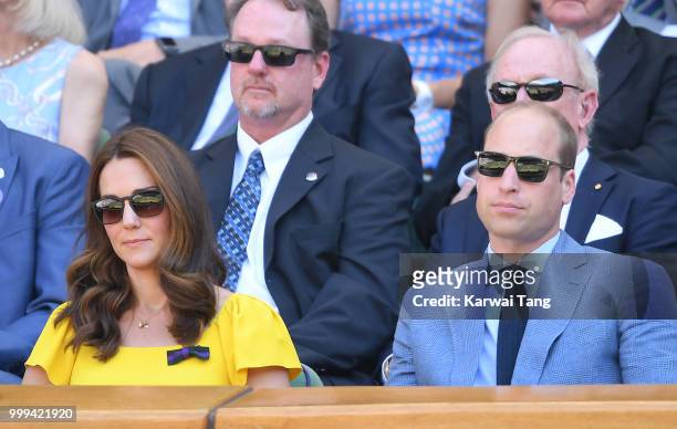 Catherine, Duchess of Cambridge and Prince William, Duke of Cambridge attend the men's singles final on day thirteen of the Wimbledon Tennis...