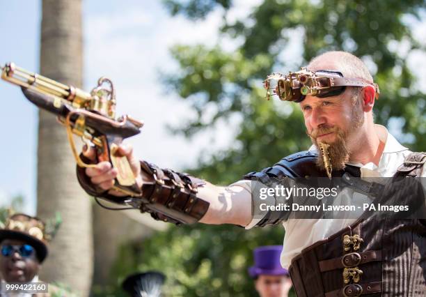 Steampunk takes part in a fashion show during the Hebden Bridge Steampunk Festival in West Yorkshire.