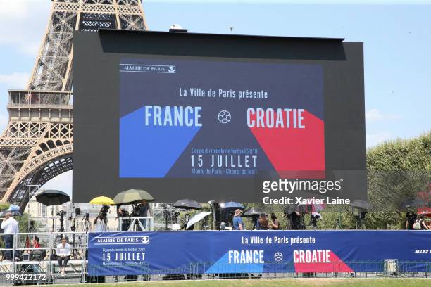 Fans Gather To Watch The World Cup Final Between France And Croatia at Eiffel tower on July 15, 2018 in Paris, France.