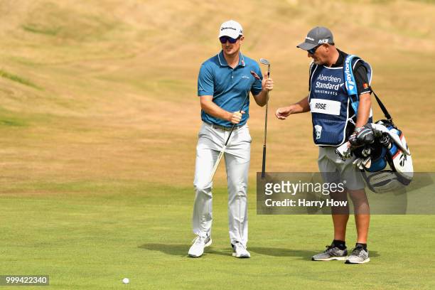 Justin Rose of England lines up his second shot on hole one during day four of the Aberdeen Standard Investments Scottish Open at Gullane Golf Course...