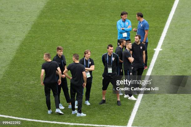 Croatia players attend a pitch inspection prior to the 2018 FIFA World Cup Final between France and Croatia at Luzhniki Stadium on July 15, 2018 in...
