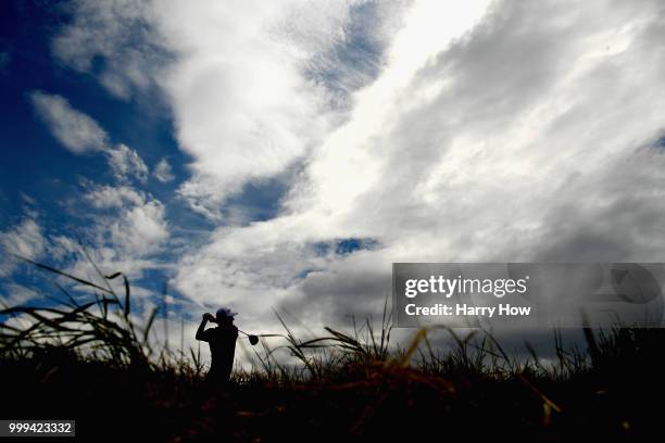Justin Rose of England takes his tee shot on hole two during day four of the Aberdeen Standard Investments Scottish Open at Gullane Golf Course on...