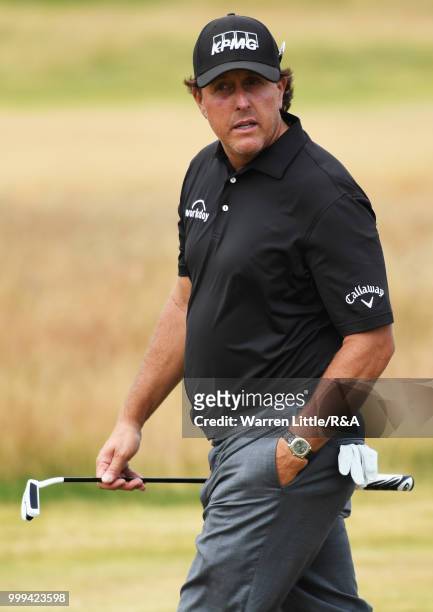 Phil Mickelson of the United States seen while practicing during previews to the 147th Open Championship at Carnoustie Golf Club on July 15, 2018 in...