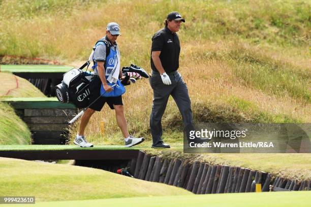 Phil Mickelson of the United States seen while practicing during previews to the 147th Open Championship at Carnoustie Golf Club on July 15, 2018 in...