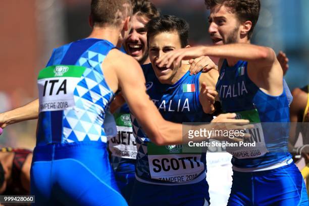 Team Italy celebrate winning gold in the final of the men's 4x400m relay on day six of The IAAF World U20 Championships on July 15, 2018 in Tampere,...