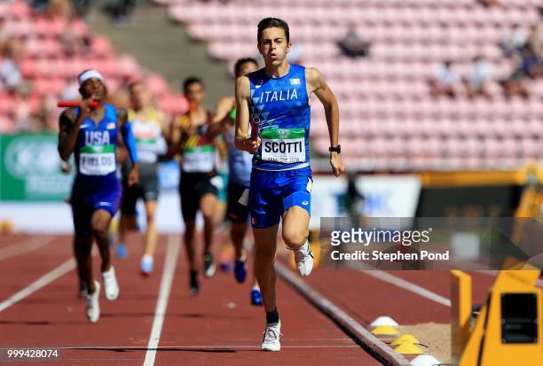 Edoardo Scotti of Italy crosses the finish line to win Italy gold in the final of the men's 4x400m relay on day six of The IAAF World U20...