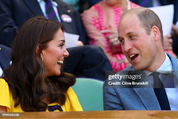 Catherine, Duchess of Cambridge and Prince William, Duke of Cambridge attend the Men's Singles final on day thirteen of the Wimbledon Lawn Tennis...