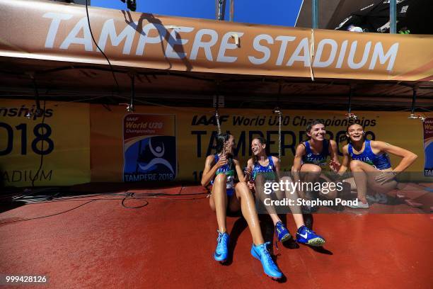 The Italian women's team cool off following the final of the women's 4x400m relay on day six of The IAAF World U20 Championships on July 15, 2018 in...