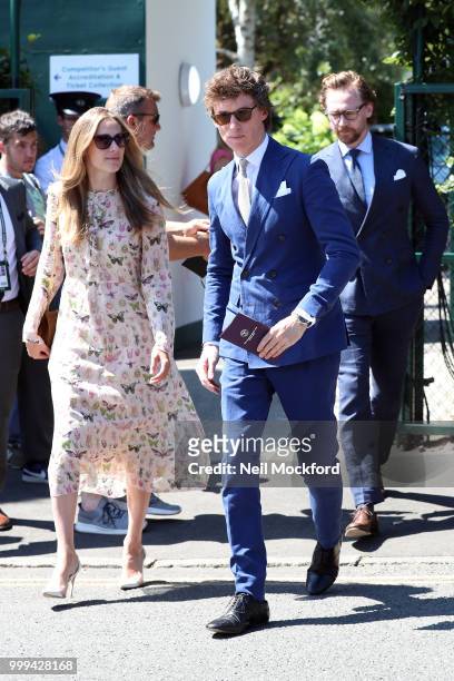 Hannah Bagshawe and Eddie Redmayne arrive at Wimbledon Tennis for Men's Final Day on July 15, 2018 in London, England.