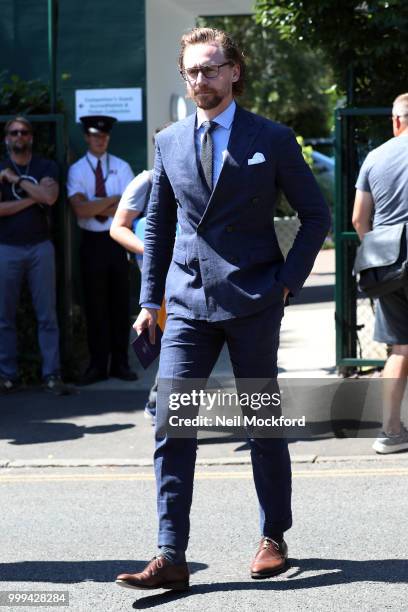 Tom Hiddleston arrives at Wimbledon Tennis for Men's Final Day on July 15, 2018 in London, England.