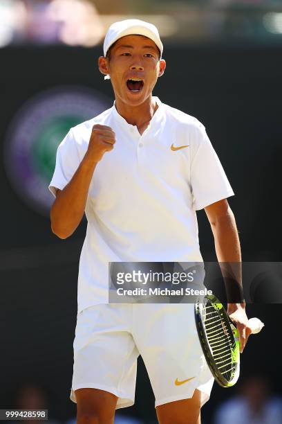 Chun Hsin Tseng of Taiwan celebrates a point against Jack Draper of Great Britain during the Boys' Singles final on day thirteen of the Wimbledon...