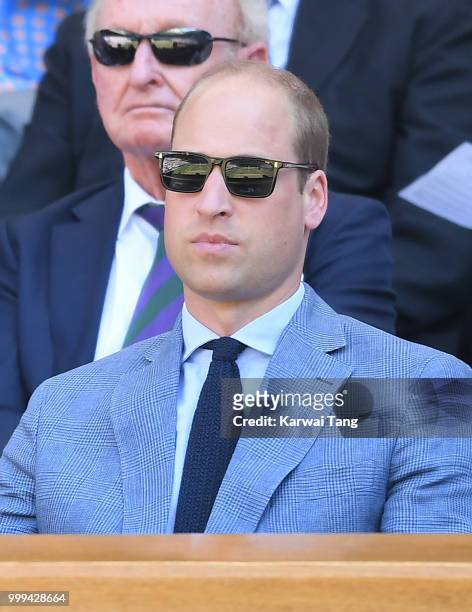 Prince William, Duke of Cambridge attends the men's singles final on day thirteen of the Wimbledon Tennis Championships at the All England Lawn...