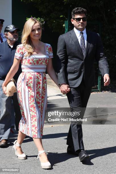 Katherine Jenkins and Andrew Levitas arrive at Wimbledon Tennis for Men's Final Day on July 15, 2018 in London, England.