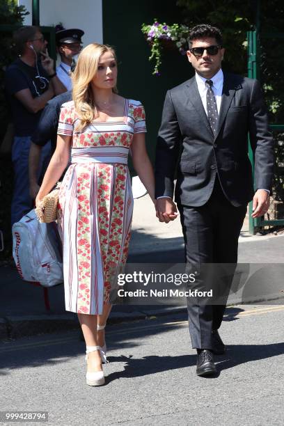 Katherine Jenkins and Andrew Levitas arrive at Wimbledon Tennis for Men's Final Day on July 15, 2018 in London, England.