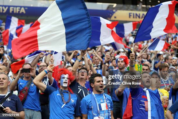 France fans enjoy the pre match atmosphere prior to the 2018 FIFA World Cup Final between France and Croatia at Luzhniki Stadium on July 15, 2018 in...