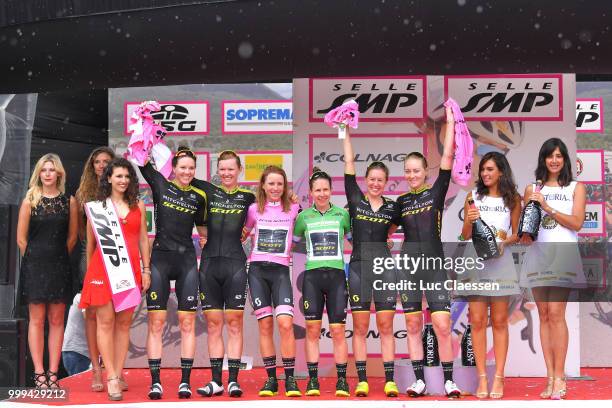 Podium / Annemiek van Vleuten of The Netherlands Pink leaders jersey / Sarah Roy of jersey / Gracie Elvin of Australia / Jolien DHoore of Belgium /...