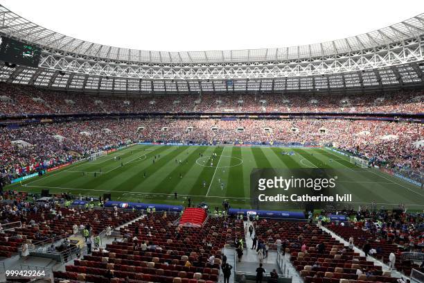 General view inside the stadium as France and Croatia warm up prior to the 2018 FIFA World Cup Final between France and Croatia at Luzhniki Stadium...