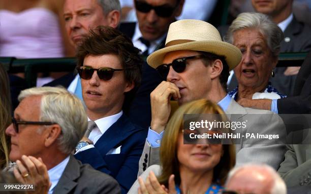 Benedict Cumberbatch and Eddie Redmayne in the royal box on centre court on day thirteen of the Wimbledon Championships at the All England Lawn...