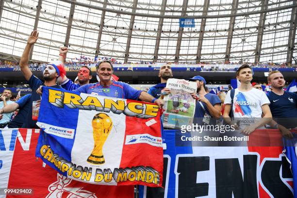 France fans enjoy the pre match atmosphere the 2018 FIFA World Cup Final between France and Croatia at Luzhniki Stadium on July 15, 2018 in Moscow,...