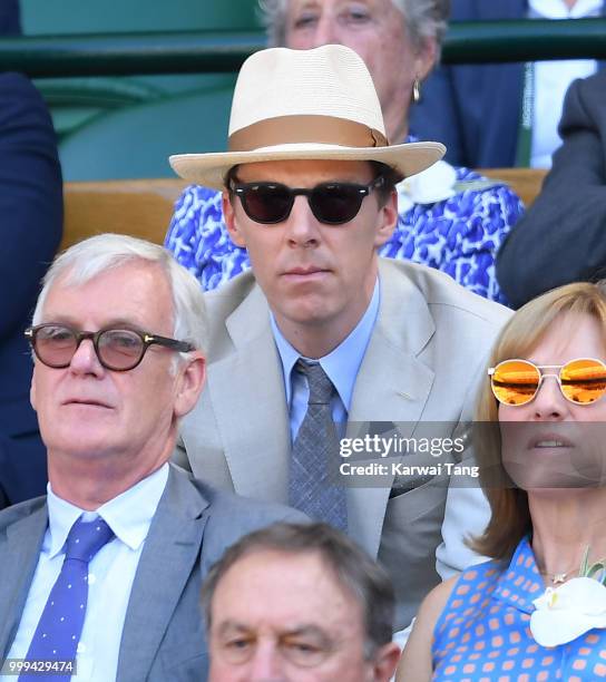 Benedict Cumberbatch attends the men's singles final on day thirteen of the Wimbledon Tennis Championships at the All England Lawn Tennis and Croquet...