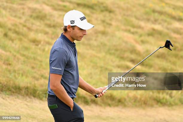 Joakim Lagergren of Sweden reacts to his par putt on hole one during day four of the Aberdeen Standard Investments Scottish Open at Gullane Golf...