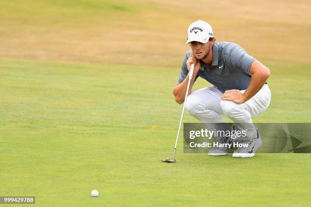 Thomas Pieters of Belgium lines up his putt on hole one during day four of the Aberdeen Standard Investments Scottish Open at Gullane Golf Course on...