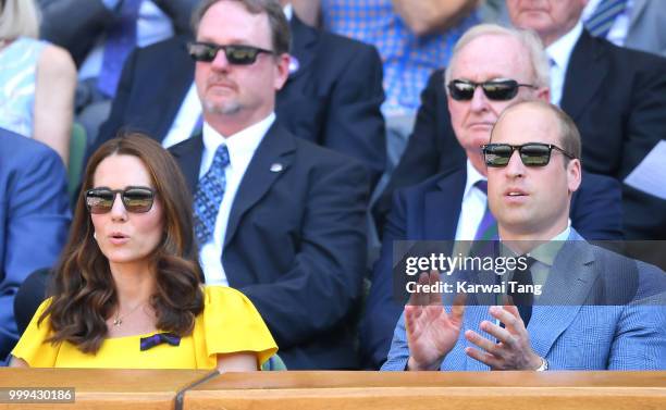 Catherine, Duchess of Cambridge and Prince William, Duke of Cambridge attend the men's singles final on day thirteen of the Wimbledon Tennis...