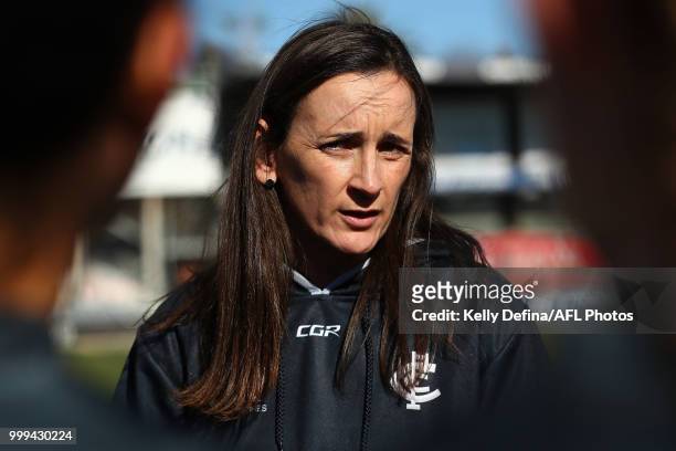 Sharon McFerran senior coach of the Blues speaks to players during the round 10 VFLW match between Carlton Blues and Williamstown Seagulls at Ikon...
