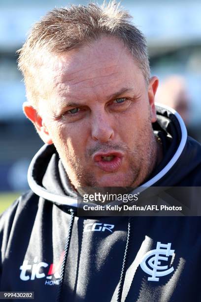 The Blues coaching team speak to players during the round 10 VFLW match between Carlton and Williamstown at Ikon Park on July 15, 2018 in Melbourne,...