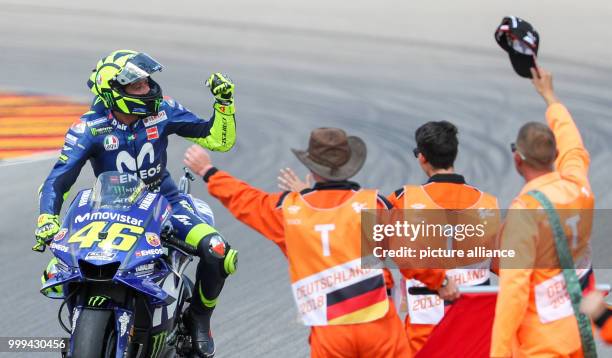 July 2017, Germany, Hohenstein-Ernstthal: German motorcycle Grand Prix, MotoGP at the Sachsenring: Valentino Rossi celebrates his 2nd place. Photo:...