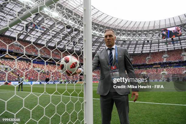 Referee Nestor Pitana tests the goal line technology prior to the 2018 FIFA World Cup Final between France and Croatia at Luzhniki Stadium on July...