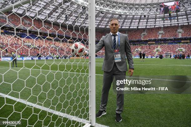 Referee Nestor Pitana tests the goal line technology prior to the 2018 FIFA World Cup Final between France and Croatia at Luzhniki Stadium on July...