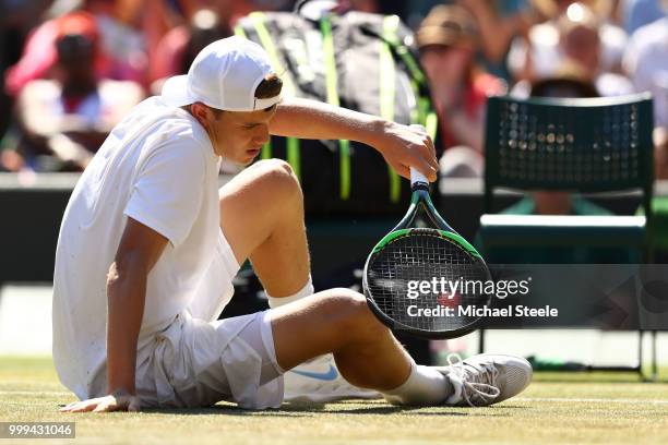 Jack Draper of Great Britain reacts after missing a chance to score a point during the Boys' Singles final against Chun Hsin Tseng of Taiwan on day...