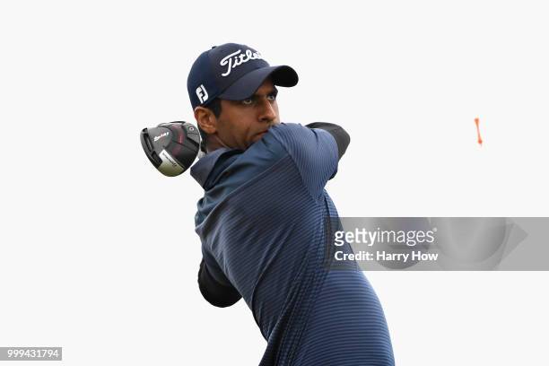 Aaron Rai of England takes his tee shot on hole two during day four of the Aberdeen Standard Investments Scottish Open at Gullane Golf Course on July...