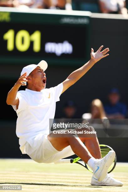 Chun Hsin Tseng of Taiwan celebrates match point against Jack Draper of Great Britain during the Boys' Singles final on day thirteen of the Wimbledon...