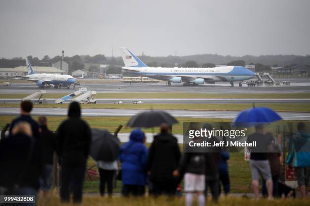 Air Force One sits on the tarmac awaiting the departure of U.S. President, Donald Trump and First Lady, Melania Trump from Glasgow Prestwick Airport...