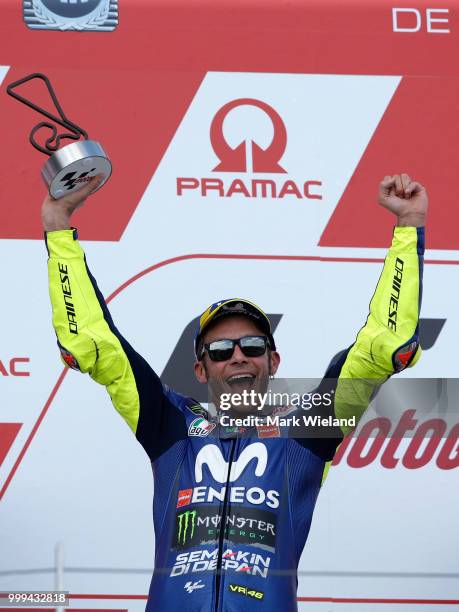 Valentino Rossi of Italy and Movistar Yamaha Team celebrates second place during the MotoGP of Germany at Sachsenring Circuit on July 15, 2018 in...