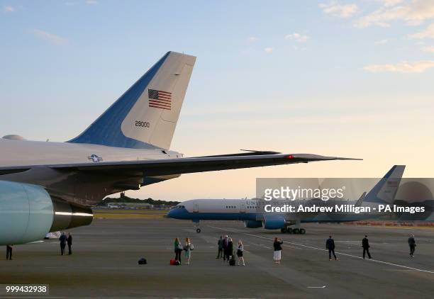 President Donald Trump and his wife, Melania, arrive on Air Force One at Prestwick airport in Ayrshire, en route for Turnberry, where they are...