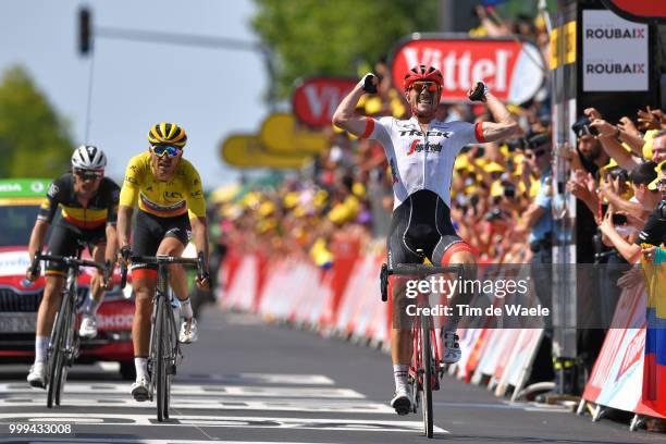 Arrival / John Degenkolb of Germany and Team Trek Segafredo Celebration / / Greg Van Avermaet of Belgium and BMC Racing Team Yellow Leader Jersey /...