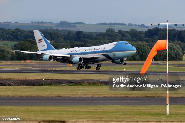 President Donald Trump and his wife, Melania, arrive on Air Force One at Prestwick airport in Ayrshire, en route for Turnberry, where they are...