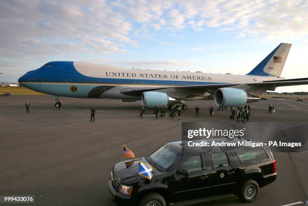 Presidential car flies the Saltire alongside the US flag as it waits for the arrival of US President Donald Trump and his wife, Melania, at Prestwick...